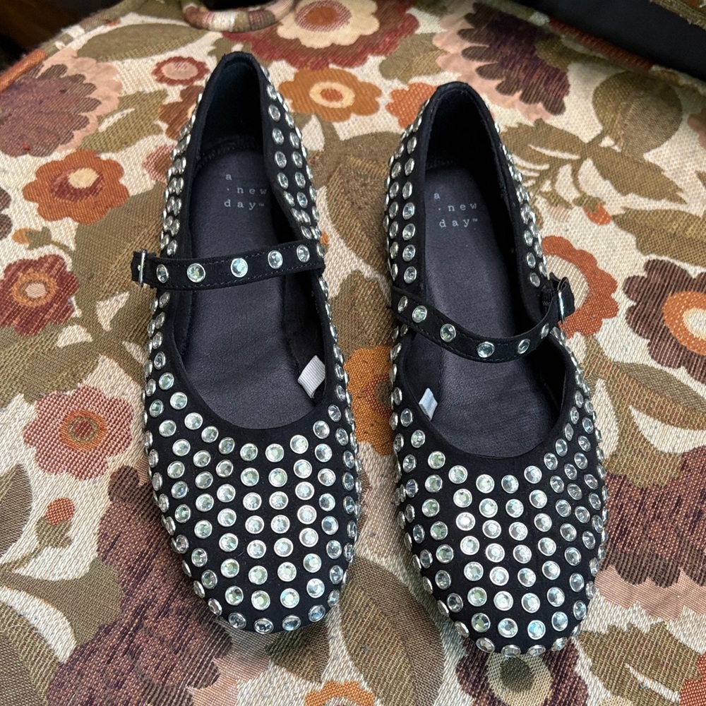 a new day Black Mary Jane Flats with Round Crystal Studs